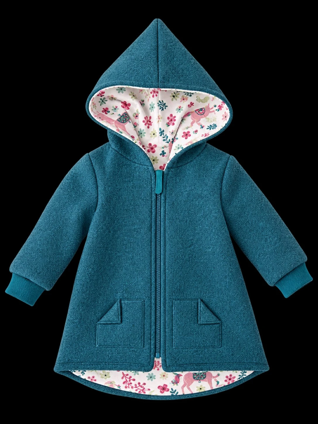 Walkjacke in Petrol mit Kapuze und geblümtem Reh- und Kamelmuster im Innenfutter